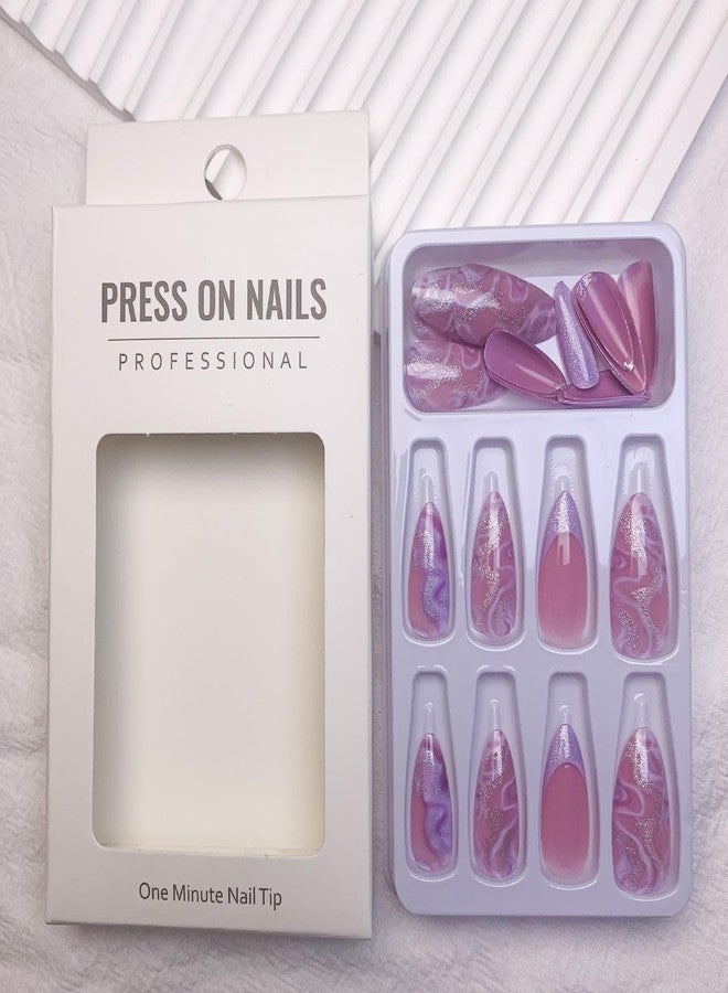 TOGZOM Mave Medium Purple Marble Glitter Acrylic False Nails - Shiny Stick On, 24Pcs with French Nails Glossy Finish - Image 3